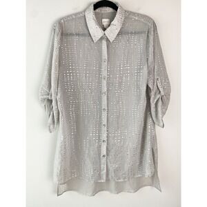 Chicos Womens Metallic Button Up Shirt L Silver Grey Shiny Roll Tab Maximalist